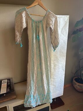 Poupette St. Barth Cream Maxi Dress with Aqua Embroidery